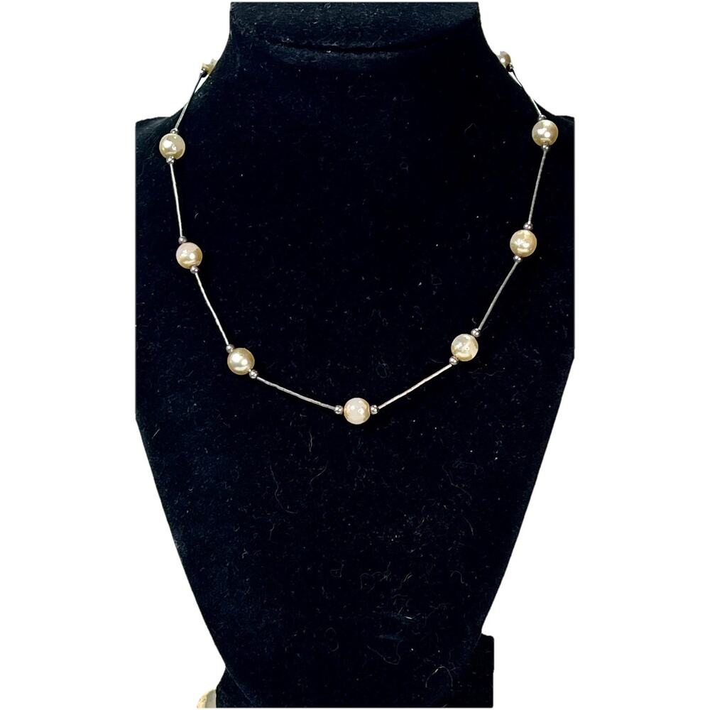 Elegant VTG Sterling Silver Faux Pearl Station Necklace 16”- Classic Minimalist